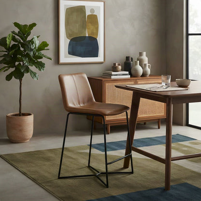 Leather-Upholstered Counter Stool with Hand-Washed Iron Frame, Washed Taupe