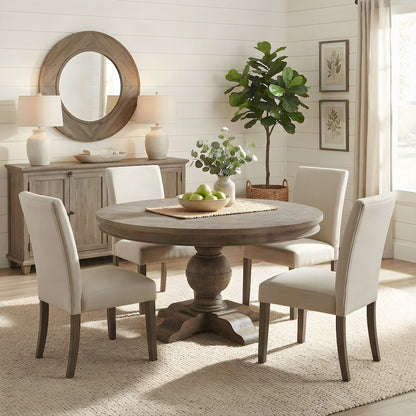 Solid Mango Wood Round Dining Table, Weathered Teak Finish, Light Brown