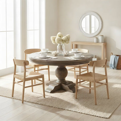 Solid Mango Wood Round Dining Table, Weathered Teak Finish, Light Brown