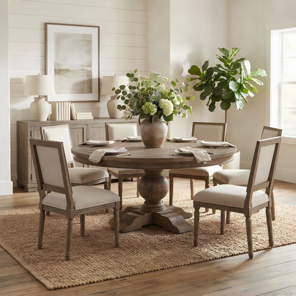 Solid Mango Wood Round Kitchen Dining Table, Weathered Teak Finish, Light Brown