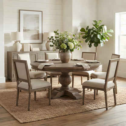 Solid Mango Wood Round Kitchen Dining Table, Weathered Teak Finish, Light Brown