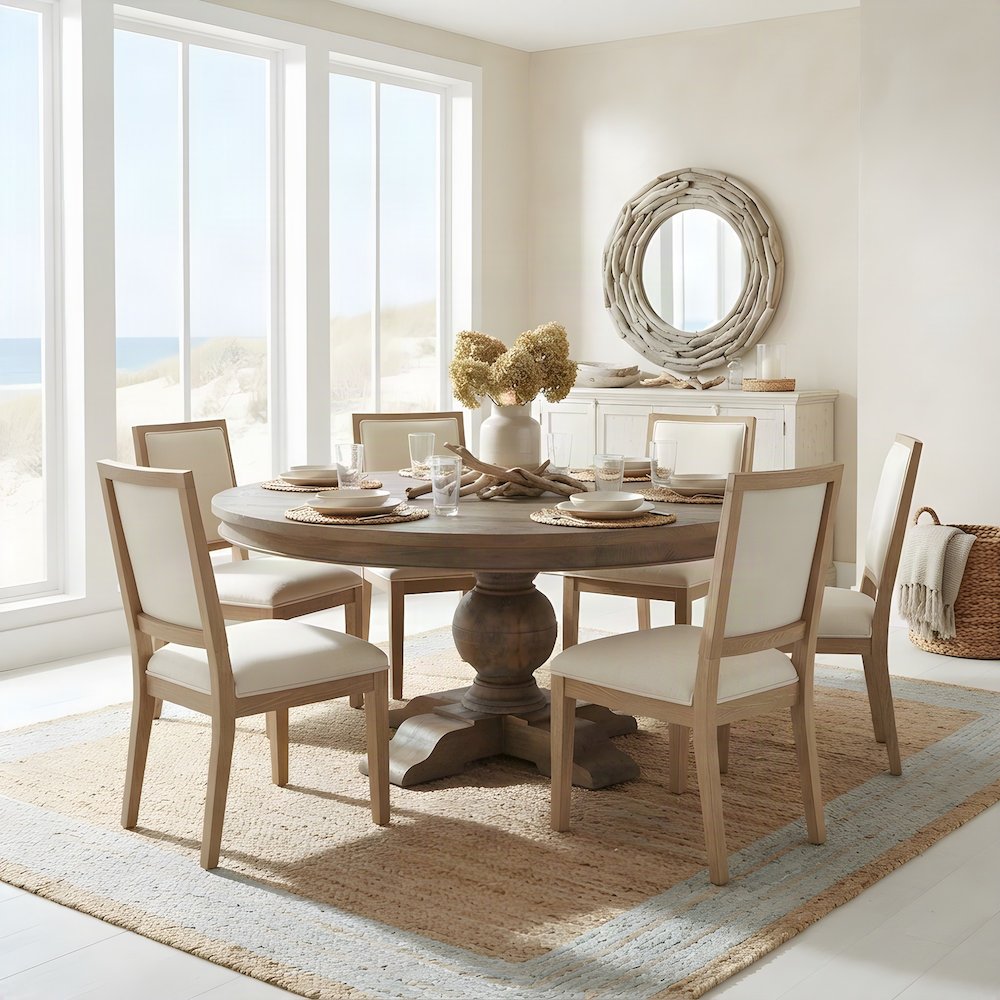 Solid Mango Wood Round Kitchen Dining Table, Weathered Teak Finish, Light Brown