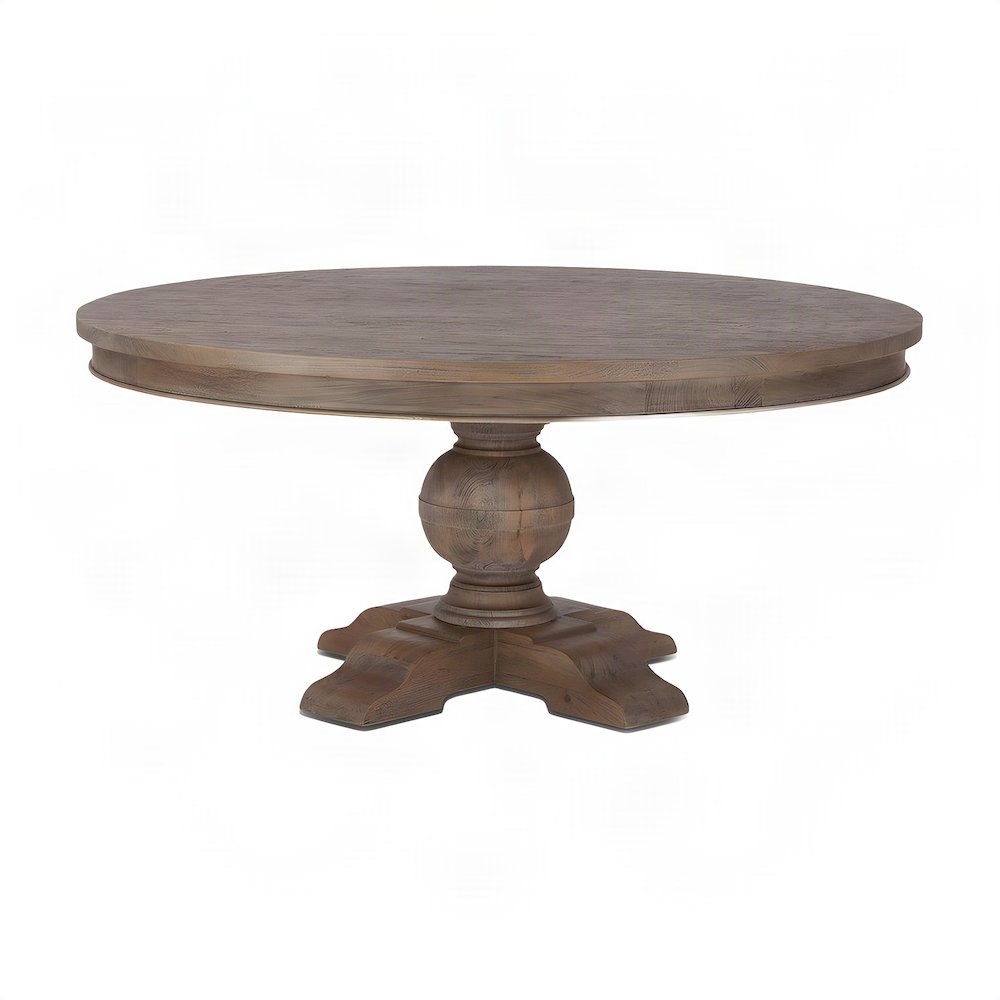 Solid Mango Wood Round Kitchen Dining Table, Weathered Teak Finish, Light Brown
