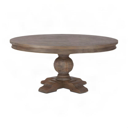 Solid Mango Wood Round Kitchen Dining Table, Weathered Teak Finish, Light Brown