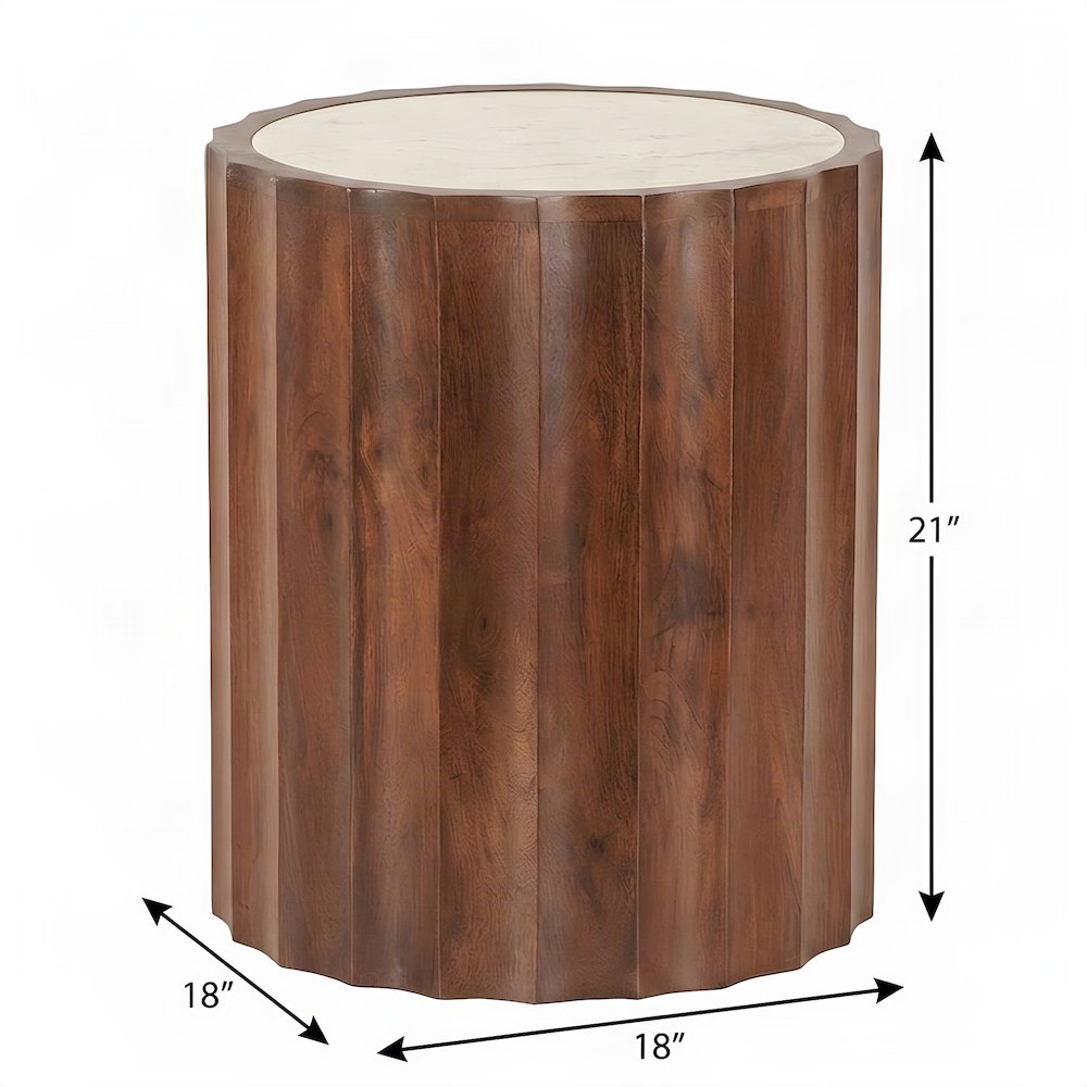 Mango Wood and Marble-Top Small Round Side Table and End Table, Brown