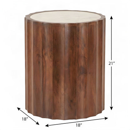 Mango Wood and Marble-Top Small Round Side Table and End Table, Brown