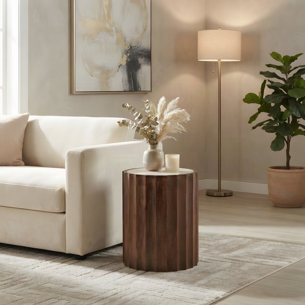 Mango Wood and Marble-Top Small Round Side Table and End Table, Brown