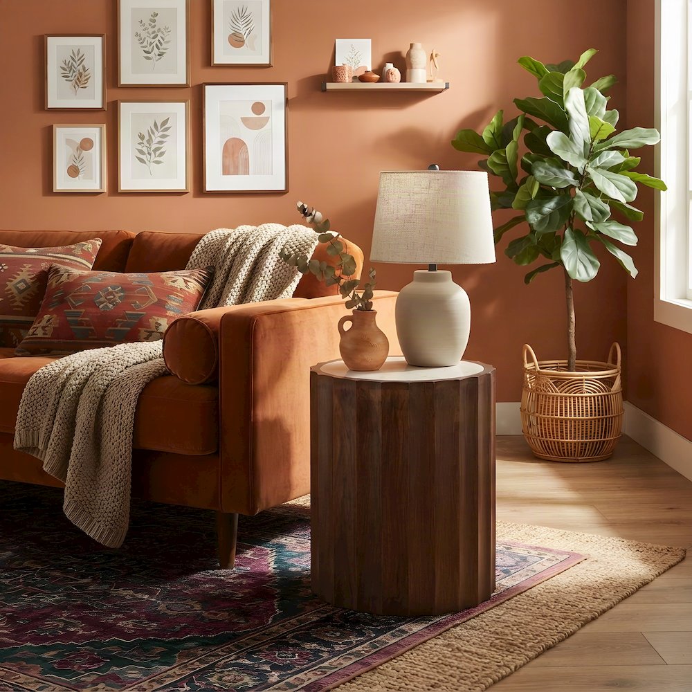 Mango Wood and Marble-Top Small Round Side Table and End Table, Brown