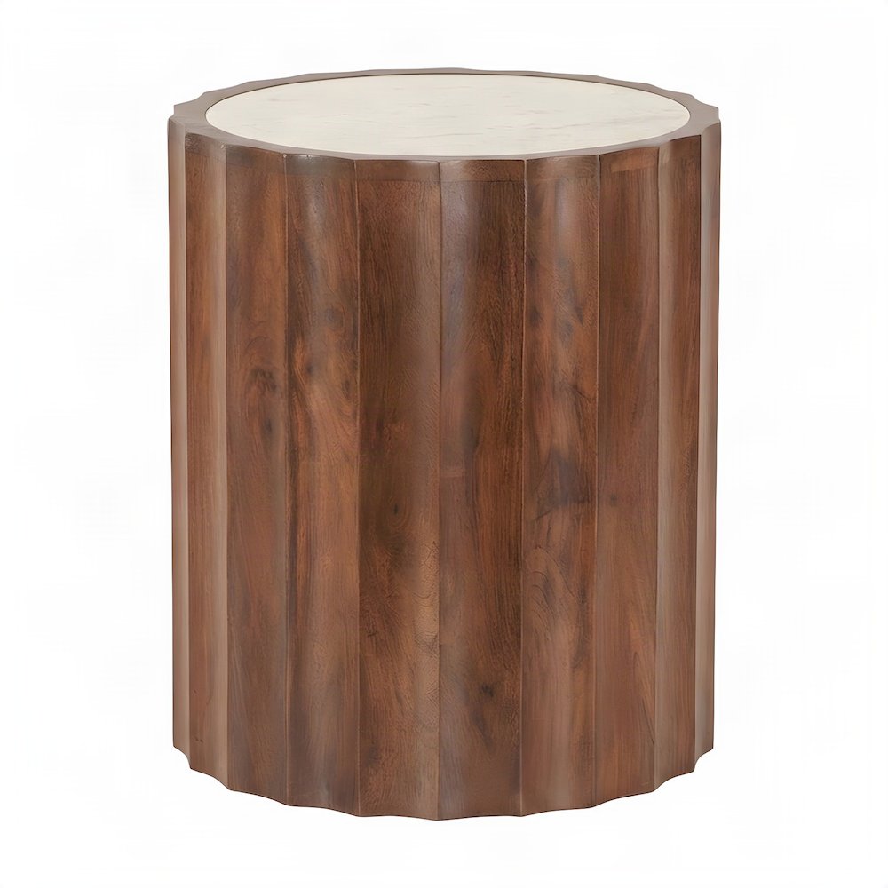 Mango Wood and Marble-Top Small Round Side Table and End Table, Brown