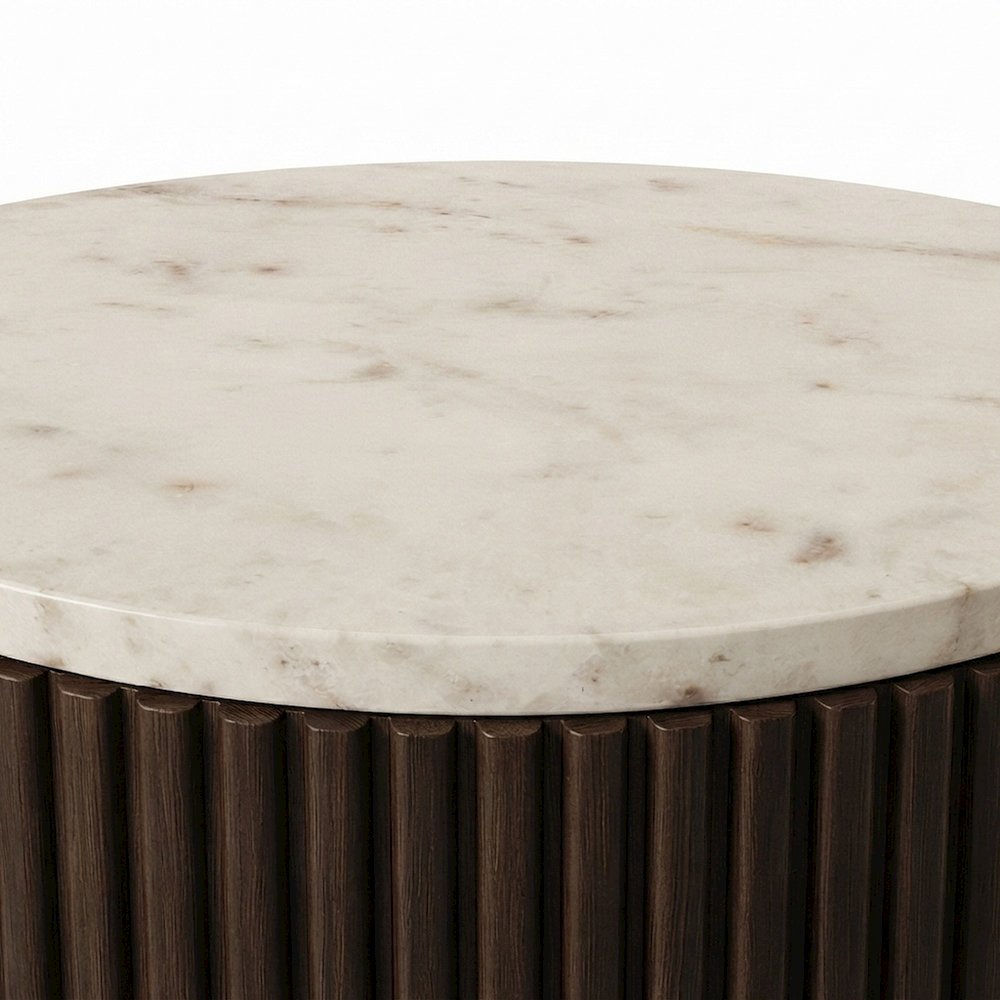 Mango Wood and Marble-Top Small Round Side Table and End Table, Brown