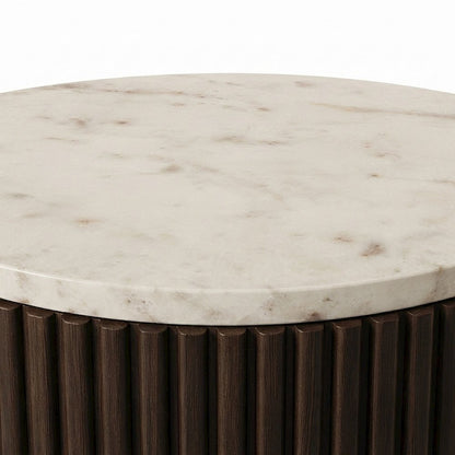 Mango Wood and Marble-Top Small Round Side Table and End Table, Brown