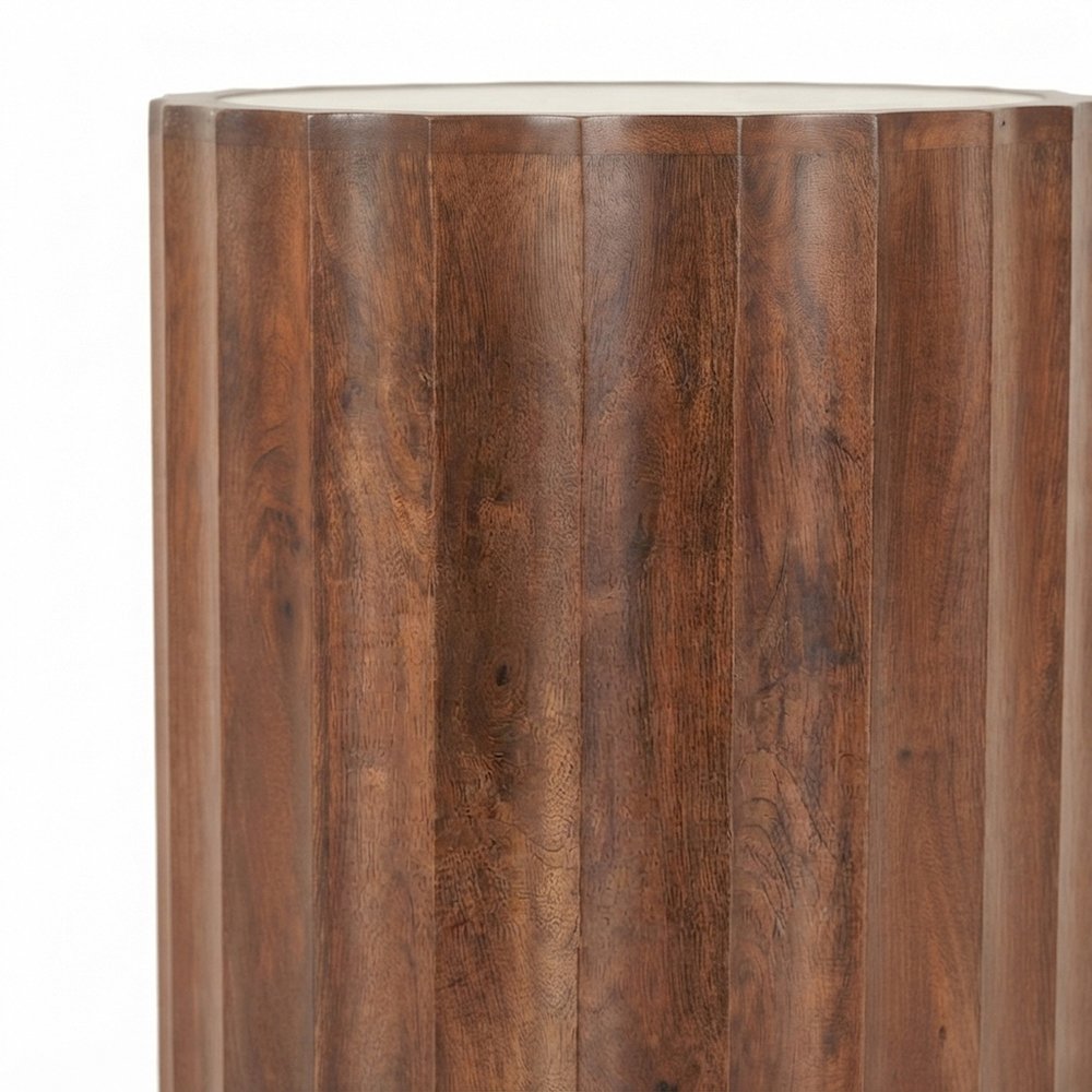 Mango Wood and Marble-Top Small Round Side Table and End Table, Brown