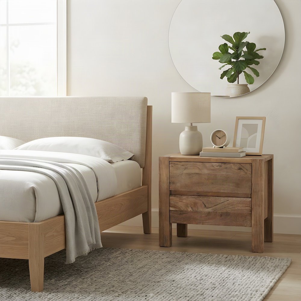 Acacia Wood Nightstand, Rustic Modern Bedside Table and Night Stand, Tan