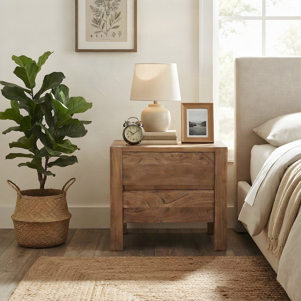 Acacia Wood Nightstand, Rustic Modern Bedside Table and Night Stand, Tan