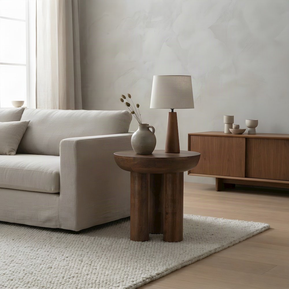 Acacia Wood Side Table and End Table with Japandi-Style Finish, Brown