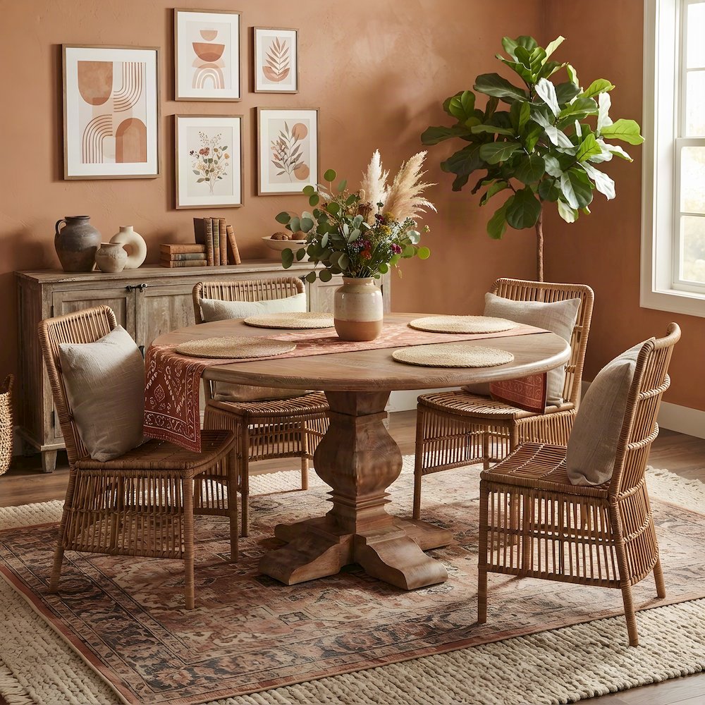 Mango Wood Round Dining Table with Solid Wood Kitchen Table Base, Light Brown