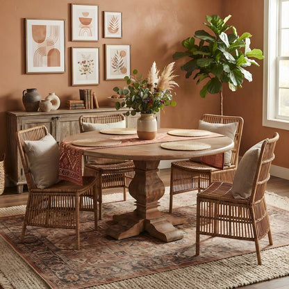 Mango Wood Round Dining Table with Solid Wood Kitchen Table Base, Light Brown