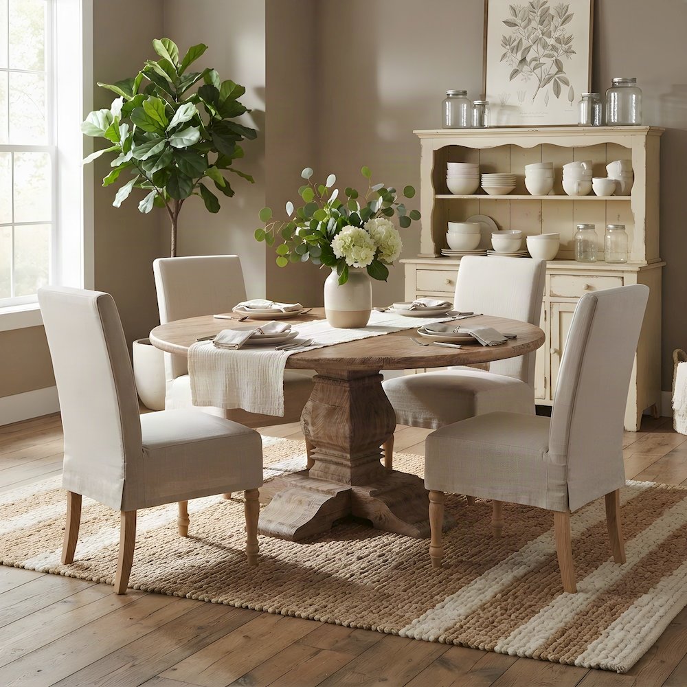 Mango Wood Round Dining Table, Seats 8, Kitchen or Dining Room, Light Brown