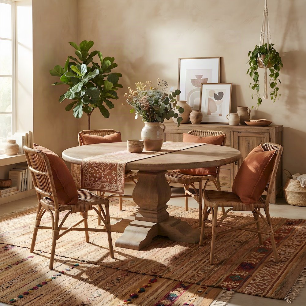 Mango Wood Round Dining Table, Seats 8, Kitchen or Dining Room, Light Brown
