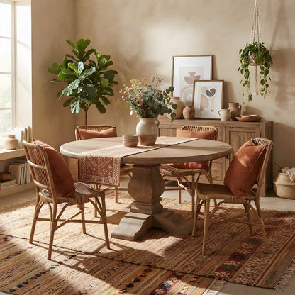 Mango Wood Round Dining Table, Seats 8, Kitchen or Dining Room, Light Brown