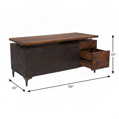 Mango Wood Computer Desk with Two Drawers, Shelf, and Cast Aluminum, Brown