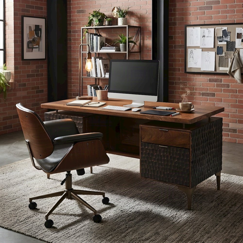 Mango Wood Computer Desk with Two Drawers, Shelf, and Cast Aluminum, Brown