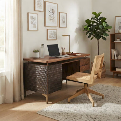 Mango Wood Computer Desk with Two Drawers, Shelf, and Cast Aluminum, Brown