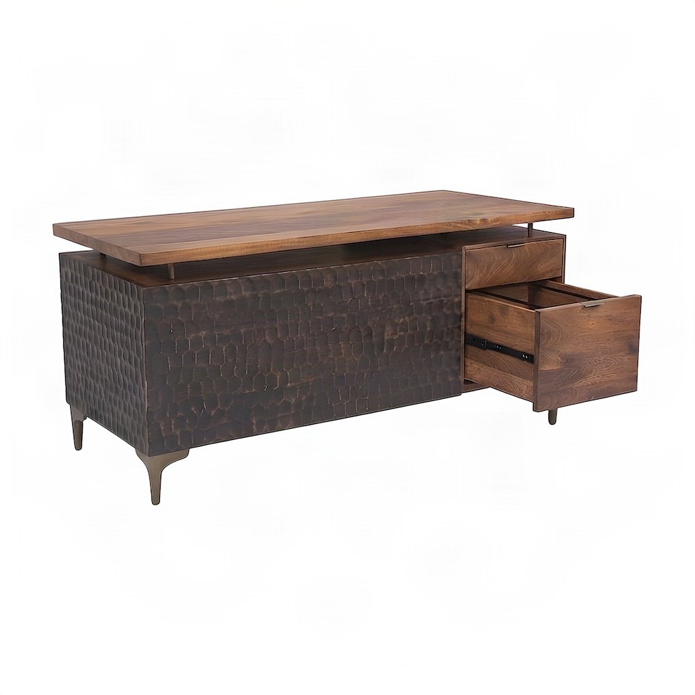 Mango Wood Computer Desk with Two Drawers, Shelf, and Cast Aluminum, Brown