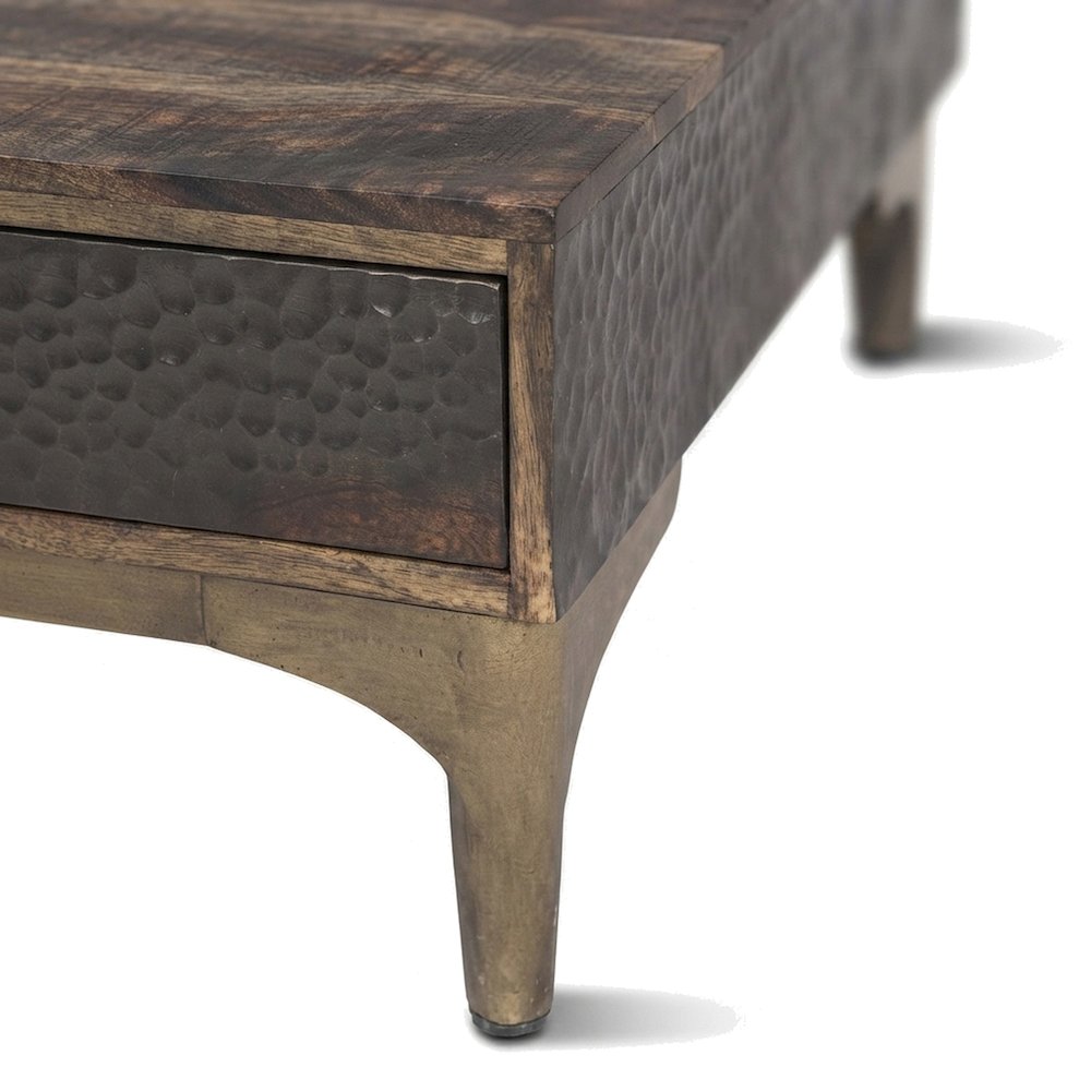 Mango Wood Computer Desk with Two Drawers, Shelf, and Cast Aluminum, Brown