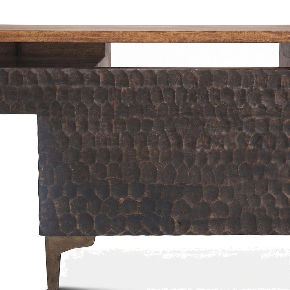 Mango Wood Computer Desk with Two Drawers, Shelf, and Cast Aluminum, Brown