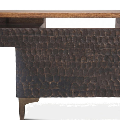 Mango Wood Computer Desk with Two Drawers, Shelf, and Cast Aluminum, Brown