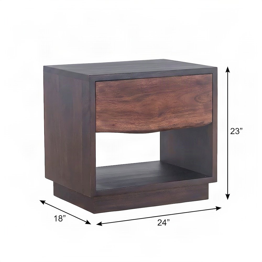 Acacia Wood Nightstand Chest with Open Shelf, Drawer, Iron Frame, Brown