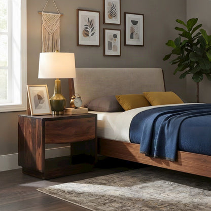 Acacia Wood Nightstand Chest with Open Shelf, Drawer, Iron Frame, Brown