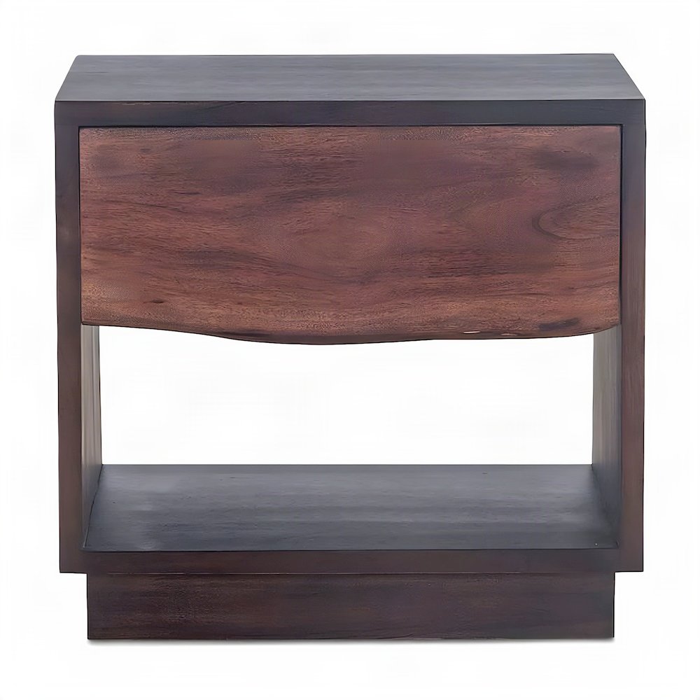 Acacia Wood Nightstand Chest with Open Shelf, Drawer, Iron Frame, Brown