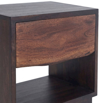 Acacia Wood Nightstand Chest with Open Shelf, Drawer, Iron Frame, Brown