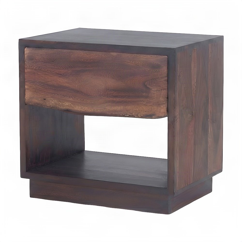 Acacia Wood Nightstand Chest with Open Shelf, Drawer, Iron Frame, Brown