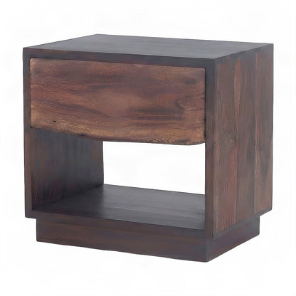 Acacia Wood Nightstand Chest with Open Shelf, Drawer, Iron Frame, Brown