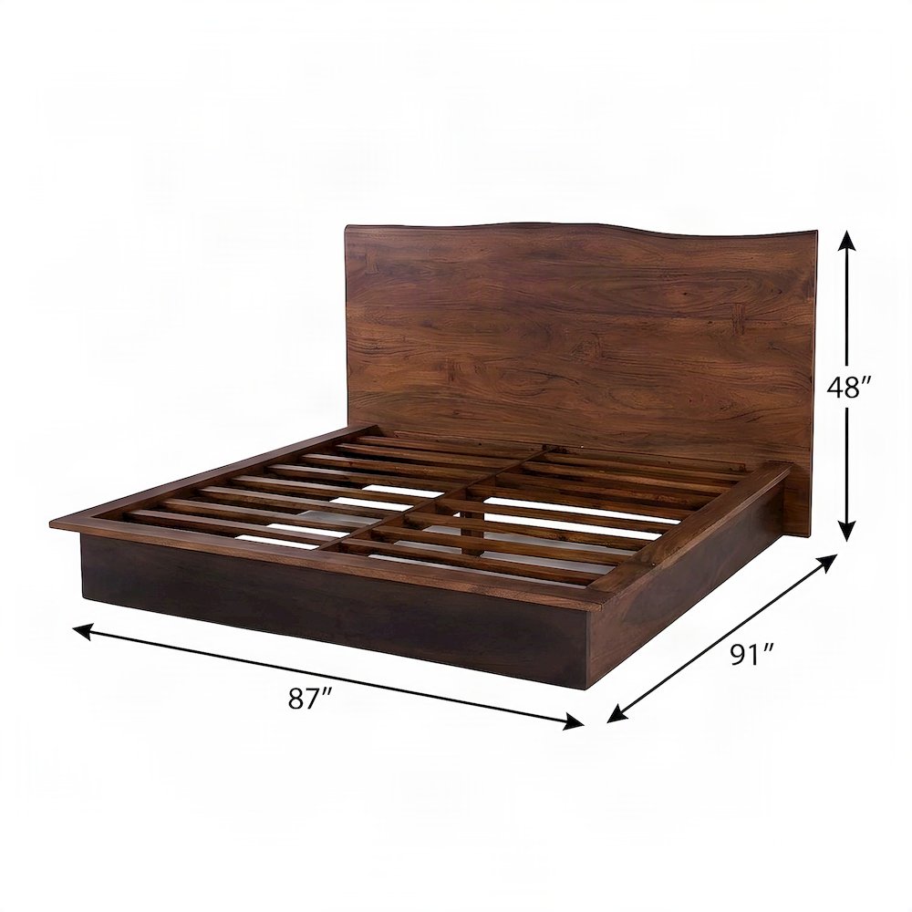 Acacia Wood King Platform Bed with Iron Legs and Tall Headboard, Brown
