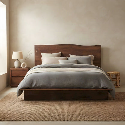 Acacia Wood King Platform Bed with Iron Legs and Tall Headboard, Brown