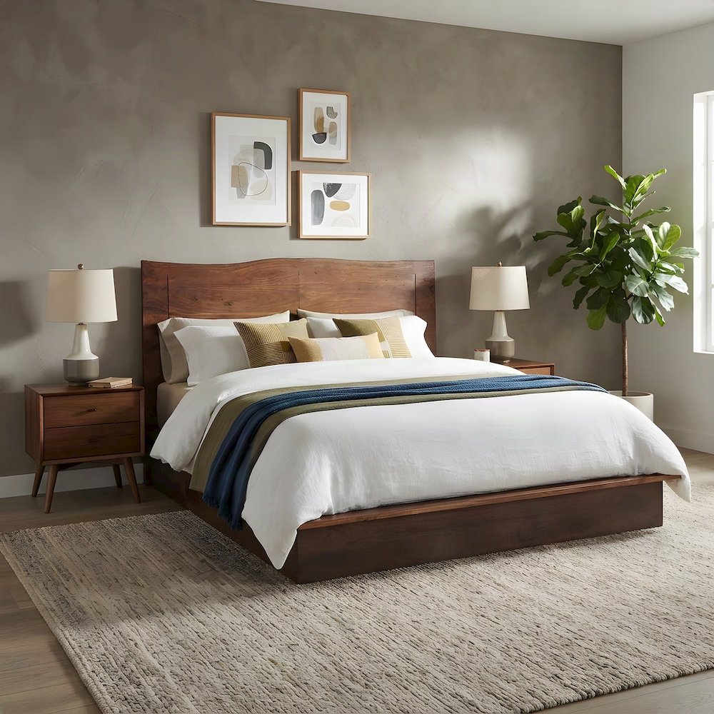 Acacia Wood King Platform Bed with Iron Legs and Tall Headboard, Brown