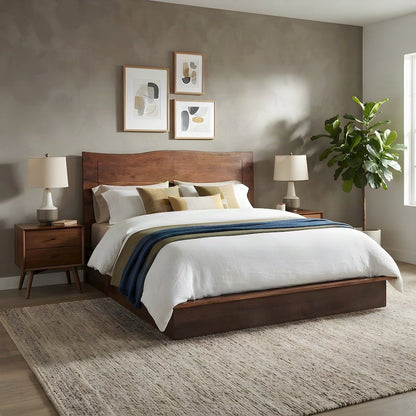 Acacia Wood King Platform Bed with Iron Legs and Tall Headboard, Brown