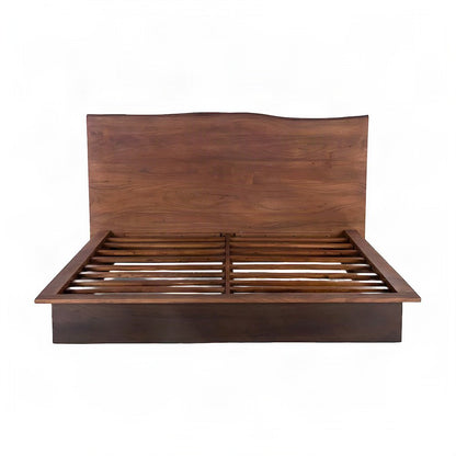 Acacia Wood King Platform Bed with Iron Legs and Tall Headboard, Brown