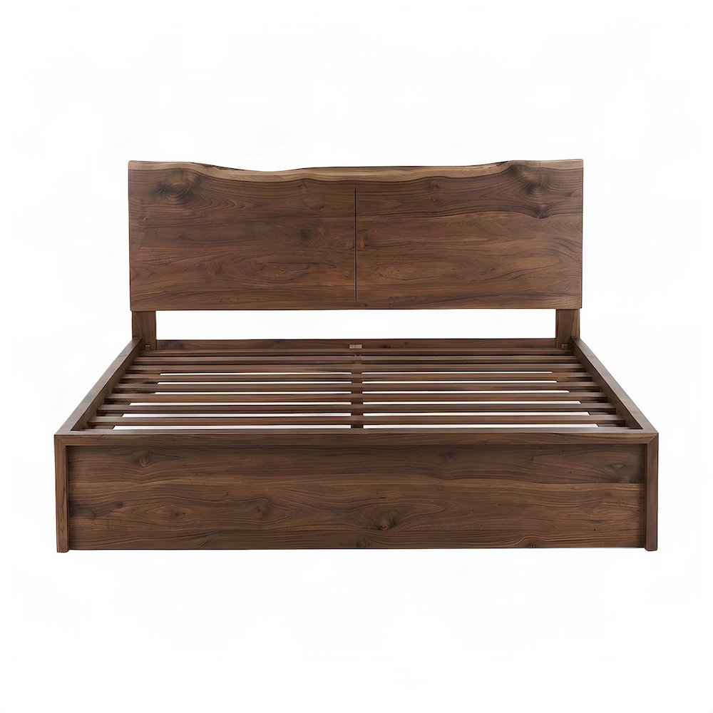 Acacia Wood King Platform Bed with Iron Legs and Tall Headboard, Brown