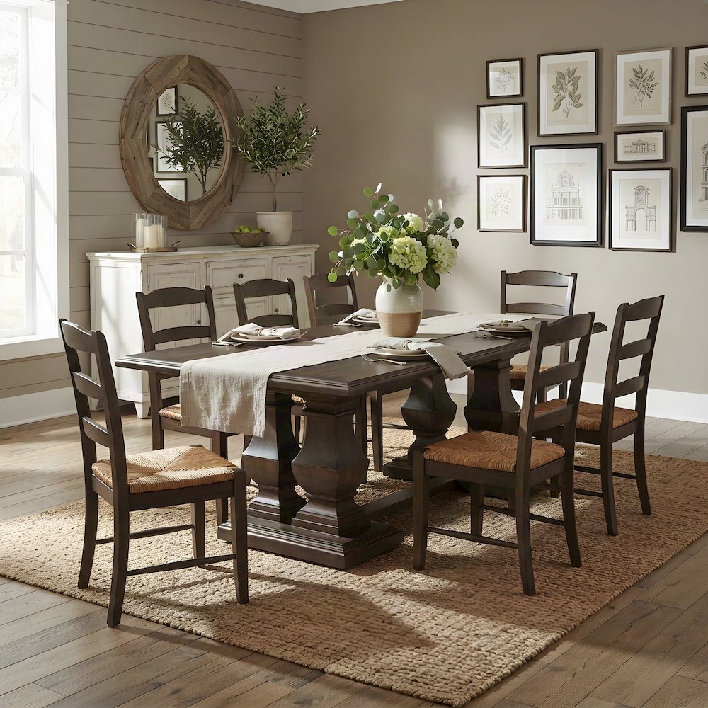 Mango Wood Farmhouse Dining Table with Vintage-Finish Tabletop, Dark Brown