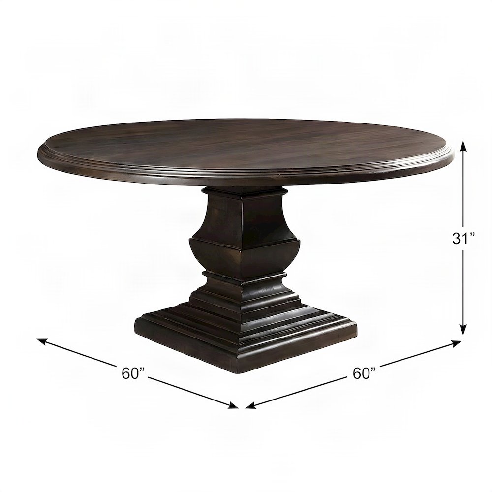 Mango Wood Round Dining and Kitchen Table with Vintage-Finish Top, Dark Brown