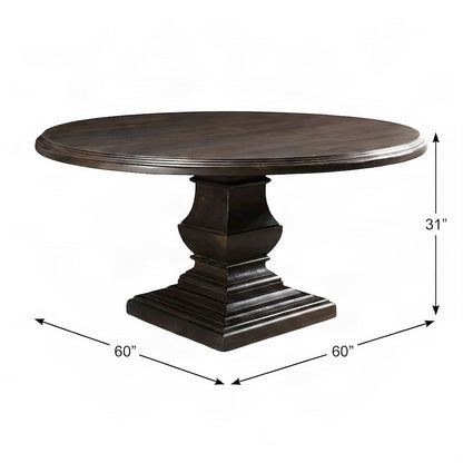 Mango Wood Round Dining and Kitchen Table with Vintage-Finish Top, Dark Brown