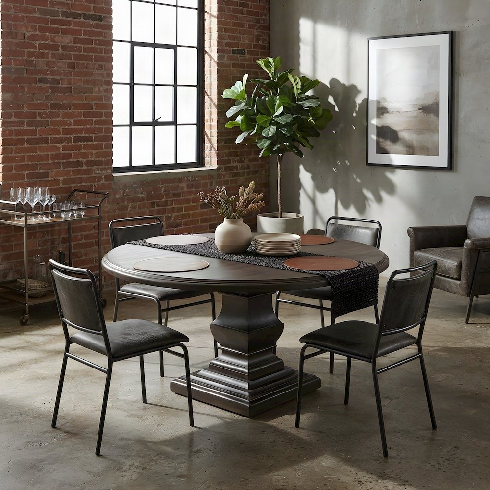 Mango Wood Round Dining and Kitchen Table with Vintage-Finish Top, Dark Brown