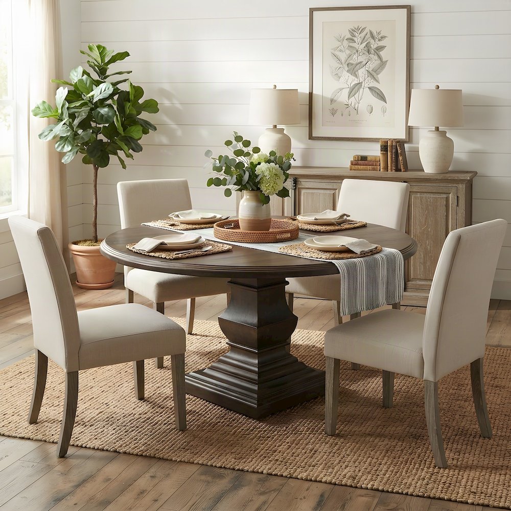Mango Wood Round Dining and Kitchen Table with Vintage-Finish Top, Dark Brown