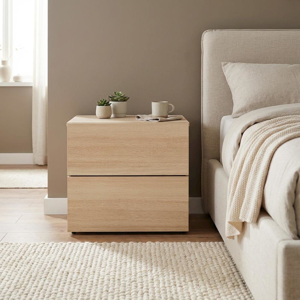 Brown Modern Nightstand, Two Drawers, Sleek Melamine Finish, Contemporary Style