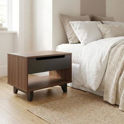 Walnut and Charcoal Nightstand with Drawer and Folding Door for Bedroom